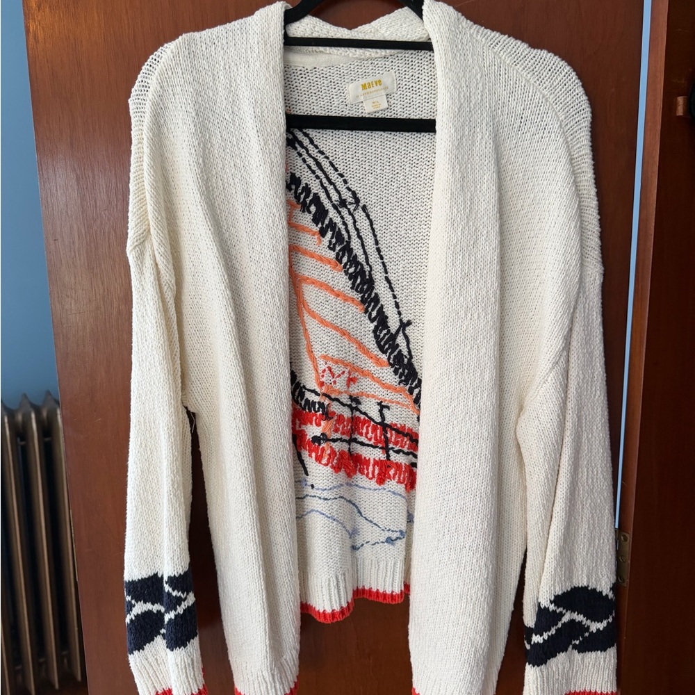 Anthropologie Cream Open-Front Cardigan with Navy and Red Accent